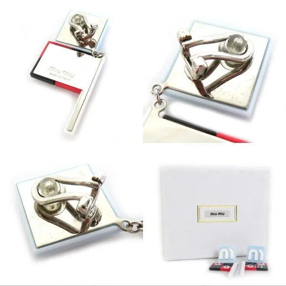 EUC-MIU MIU Clip-On Earrings Plastic/Rhinestone Light Blue x White, Red,& Black - Picture 6 of 6